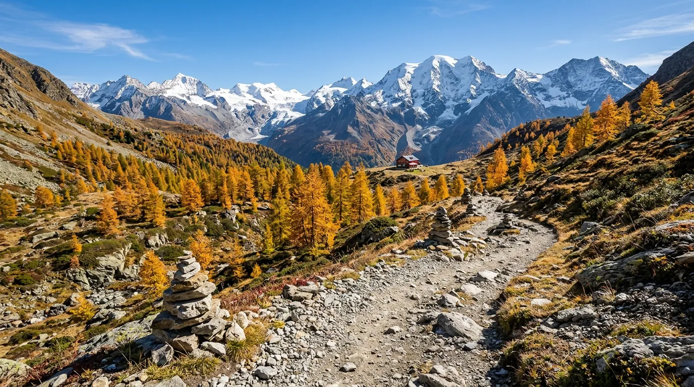 Alpine mountain landscape with rocky trail, cairns marking path, larch trees on slopes, snow-capped peaks in background, mountain hut with red roof in distance, clear sky