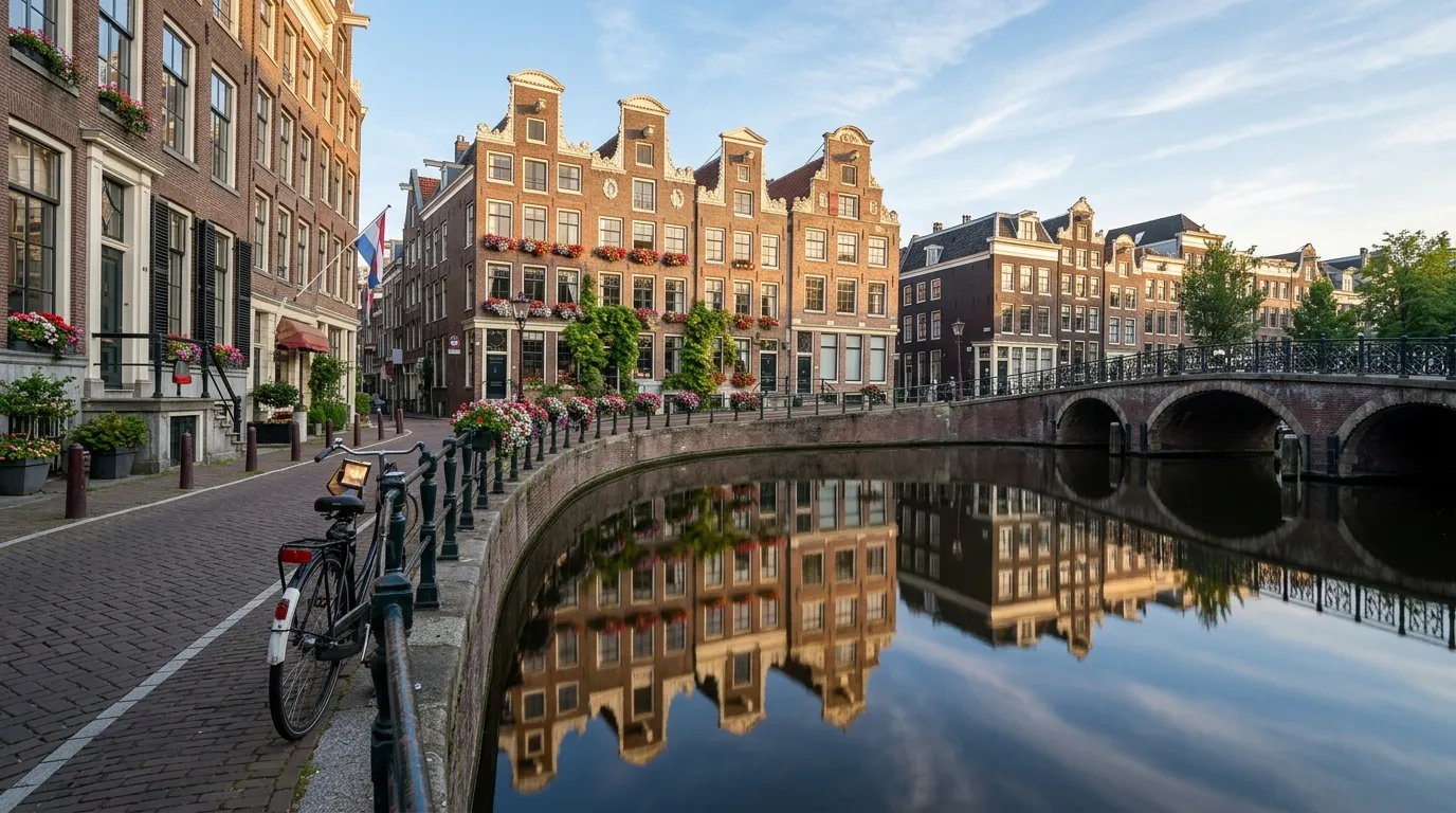 Amsterdam canal scene with historic gabled buildings reflected in still water, bicycle leaning against iron fence, flowers in window boxes, bridge crossing canal, soft morning light