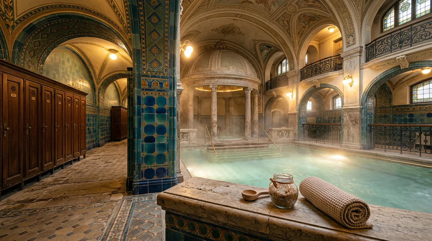 Budapest Thermal bath interior with steaming water, colorful tiles, ornate architecture, wooden lockers, bath salts on stone edge, atmospheric warm lighting