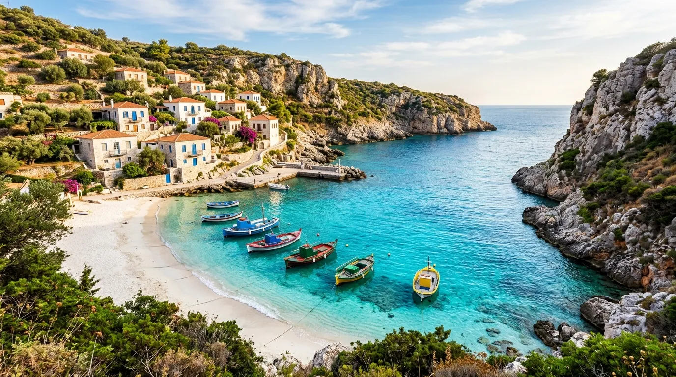 Mediterranean cove with crystal clear turquoise water, white sand beach, colorful fishing boats anchored, rocky limestone cliffs, white stone village houses on hillside, gentle waves, golden sunlight