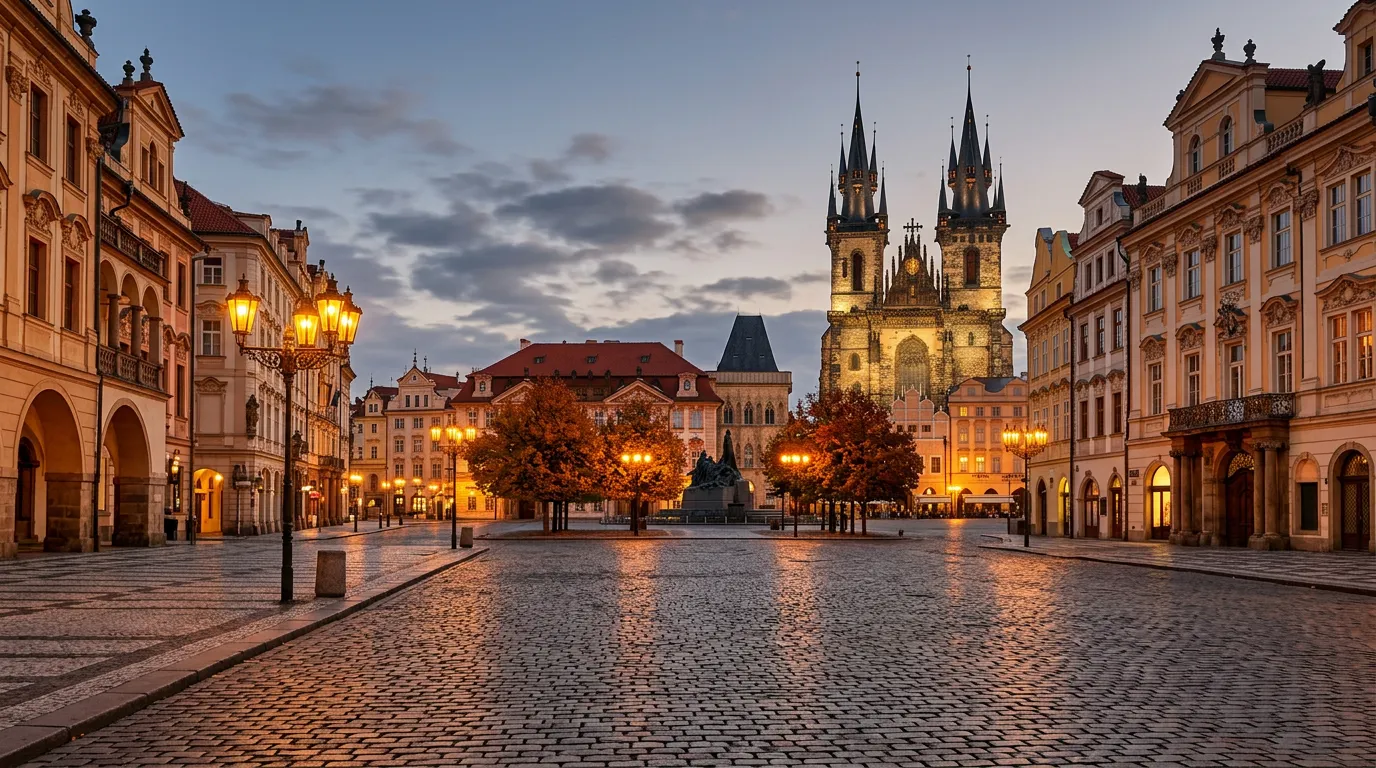 Eastern European historic town square with baroque architecture, ornate street lamps, cobblestone plaza, church towers in background, autumn foliage, warm amber lighting, traditional architecture deta